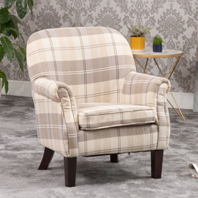 Candia 65cm Beige Chequered Fabric Armchair with Dark and Light Wooden Legs