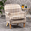 Candia 65cm Beige Chequered Fabric Armchair with Dark and Light Wooden Legs