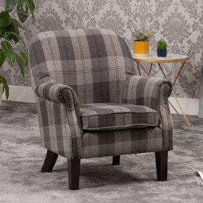 Candia 65cm Grey Chequered Fabric Armchair with Dark and Light Wooden Legs