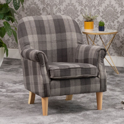 Candia 65cm Grey Chequered Fabric Armchair with Dark and Light Wooden Legs