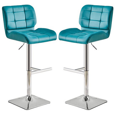 Candid Teal Faux Leather Bar Stools With Chrome Base In Pair
