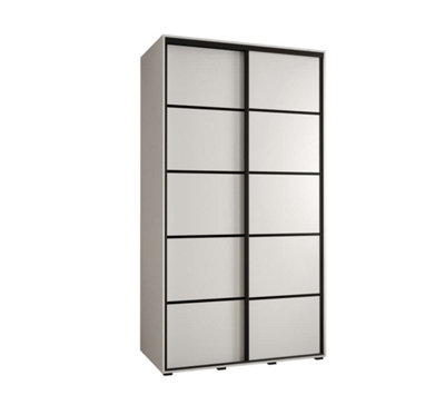 Cannes IV Modern White Sliding Door Wardrobe 1400mm H2050mm D600mm with Black Steel Handles and Decorative Strips