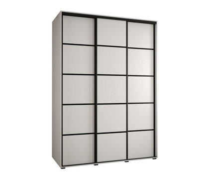 Cannes IV Modern White Sliding Door Wardrobe 1700mm H2050mm D600mm with Black Steel Handles and Decorative Strips