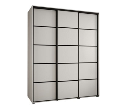 Cannes IV Modern White Sliding Door Wardrobe 1900mm H2050mm D600mm with Black Steel Handles and Decorative Strips