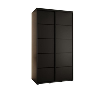 Cannes IV Stylish Black Sliding Door Wardrobe 1400mm H2050mm D600mm with Black Steel Handles and Decorative Strips