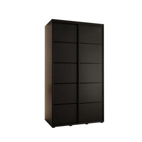 Cannes IV Stylish Black Sliding Door Wardrobe 1400mm H2050mm D600mm with Black Steel Handles and Decorative Strips
