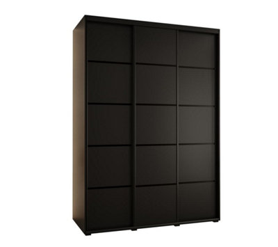 Cannes IV Stylish Black Sliding Door Wardrobe 1700mm H2050mm D600mm with Black Steel Handles and Decorative Strips