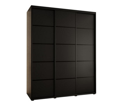 Cannes IV Stylish Black Sliding Door Wardrobe 1900mm H2050mm D600mm with Black Steel Handles and Decorative Strips