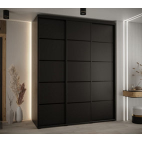 Cannes IV Stylish Black Sliding Door Wardrobe 2000mm H2050mm D600mm with Black Steel Handles and Decorative Strips