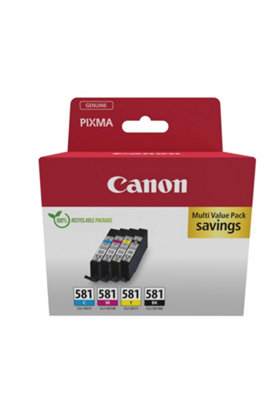 Confezione 4 Cartucce D'Inchiostro Canon CLI-581 (C, M, Y, BK) Originali + 50 Fogli Di Carta Fotografica Canon 10x15cm, Imballo Semplice