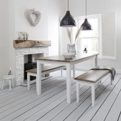 Canterbury 180cm Dining Table and 2 Benches in White & Dark Pine