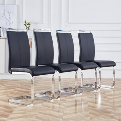 Cantilever Chair, Chrome-Plated Metal Frame, Softly Padded with Imitation Leather Cover, Black, (Set, 4 Pieces)