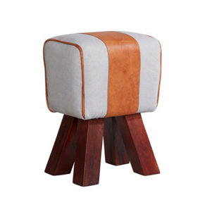 Canvas & Leather Stool - Solid Wood - L25 x W33 x H45 cm