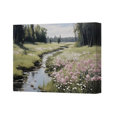 Canvas Wall Art Landscape Painting River Meadow With Pink Flowers