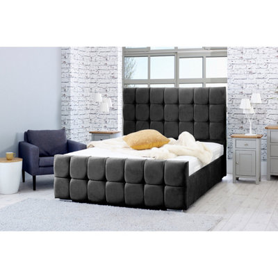 Capri Plush Bed Frame With Cubed Headboard - Black