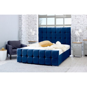 Capri Plush Bed Frame With Cubed Headboard - Blue