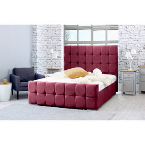 Capri Plush Bed Frame With Cubed Headboard - Maroon