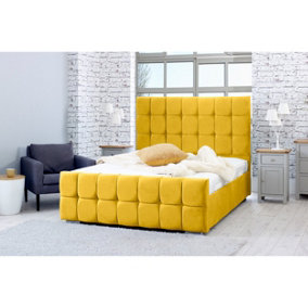 Capri Plush Bed Frame With Cubed Headboard - Mustard Gold