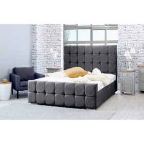 Capri Plush Bed Frame With Cubed Headboard - Steel