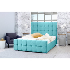 Capri Plush Bed Frame With Cubed Headboard - Teal