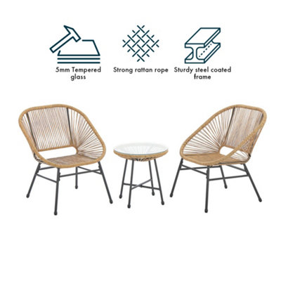 Capri Rattan 2 Seater Wicker Table and Chairs Bistro Set - Netural