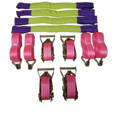 Car Trailer Transporter Recovery Straps (35MM 4M Set of 4 Truck Heavy Duty Alloy Wheel Pink)