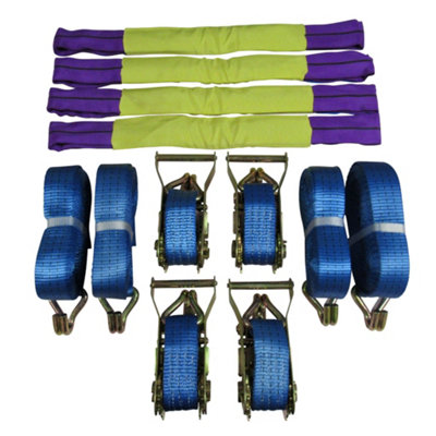 Car Trailer Transporter Recovery Straps (35MM 6M Set of 4 Truck Heavy Duty Alloy Wheel Blue)