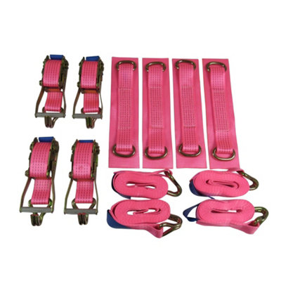 Car Transporter Wheel Strap Set 50MM (4M Set of 4 Trailer Recovery Soft Link Belt Pink)