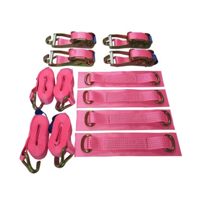 Car Transporter Wheel Strap Set 50MM (6M Set of 4 Trailer Recovery Soft Link Belt Pink)