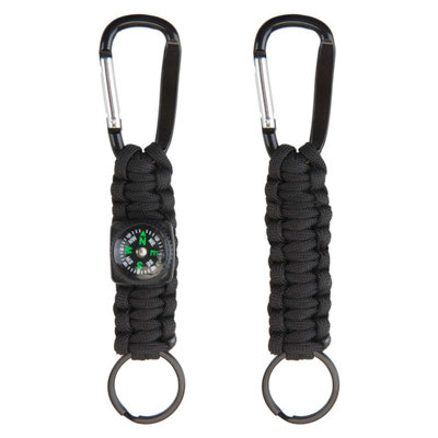 Carabiner Keychain With Compass Twin Pack 2cm x 14cm Black X 1 Pack of 2