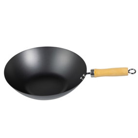 Carbon Steel Deep Chinese Cooking Non-Stick Wooden Handle Wok - 30cm