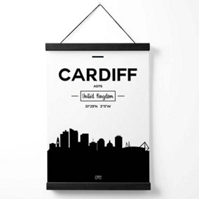 Cardiff Black and White City Skyline Medium Poster with Black Hanger