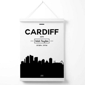 Cardiff Black and White City Skyline Poster with Hanger / 33cm / White