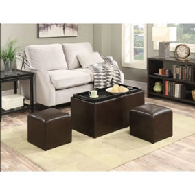 Carey Storage Bench With 2 Side Ottomans,Brown Faux Leather