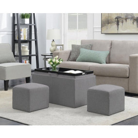 Carey Storage Bench With 2 Side Ottomans,Grey Linen