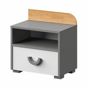 Carini Chic Bedside Table in Grey, White & Oak Nash - W450mm x H470mm x D310mm