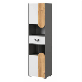 Carini Compact Tall Cabinet in White Matt, Grey & Oak Nash - W500mm x H1900mm x D380mm