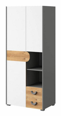 Carini Elegant Hinged Wardrobe in White, Grey & Oak Nash - W800mm x H1900mm x D530mm