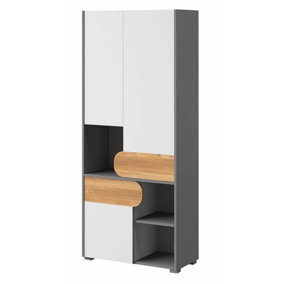 Carini Modern Tall Storage Cabinet in White Matt, Grey & Oak Nash - W800mm x H1900mm x D380mm