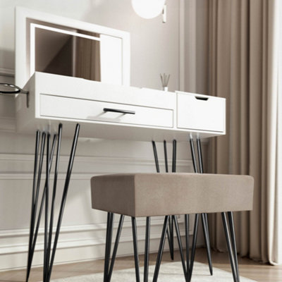 CARME Emilie Dressing Table with Stool Set - Makeup & Vanity Desk with LED Light, USB Plug Charger, Large Mirror & Storage Drawers