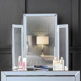 CARME Paloma Luxury Tri-Fold Mirror Vanity Folding Tabletop Desktop Free Standing Bevelled Glass Design  (Grey)