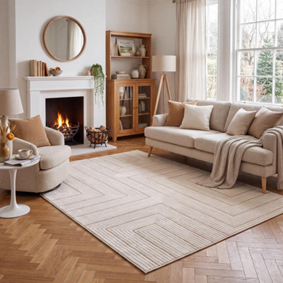 Carmel Cream/Beige Geometric Design Area Rug and Runner Non Shedding ...