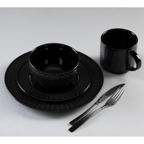 Carnaby Argyle 16 Piece Dinner Set Ceramic with Chevron Pattern Black