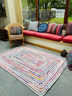 CARNIVAL White Cotton Braided Rug with Multi Colour Fabric