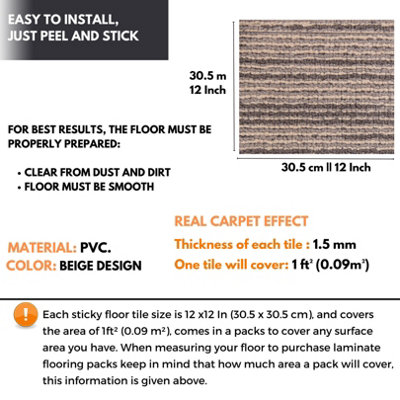 Carpet Imitation Self Adhesive Floor Tiles - 30 Pack Covers 30 ft² (2.79 m²) - Peel and Stick Flooring - Beige Faux Carpet Effect