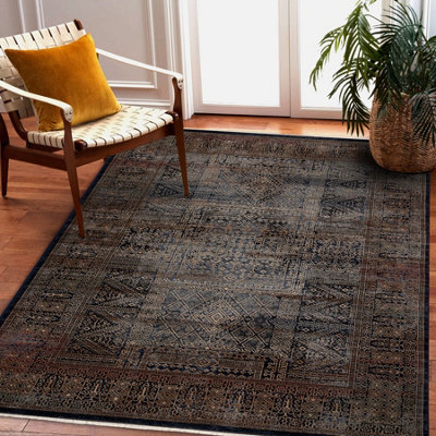 Carpet Wool KESHAN fringe, Frame oriental 1251/53511 gold / navy 120x145 cm