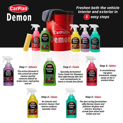 CarPlan Car Valet Rinse Bucket Kit Demon Shine Foam Wheel Glass Clean Treatment