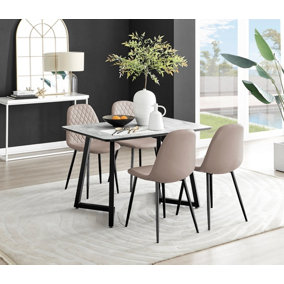 Carson 4 Seater White Marble Effect Rectangular Scratch Resistant Dining Table with 4 Beige Corona Faux Leather Black Leg Chairs