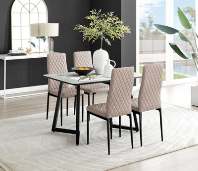 Carson 4 Seater White Marble Effect Rectangular Scratch Resistant Dining Table with 4 Beige Milan Faux Leather Black Leg Chairs