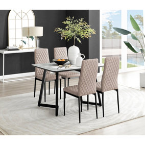 Carson 4 Seater White Marble Effect Rectangular Scratch Resistant Dining Table with 4 Beige Milan Faux Leather Black Leg Chairs